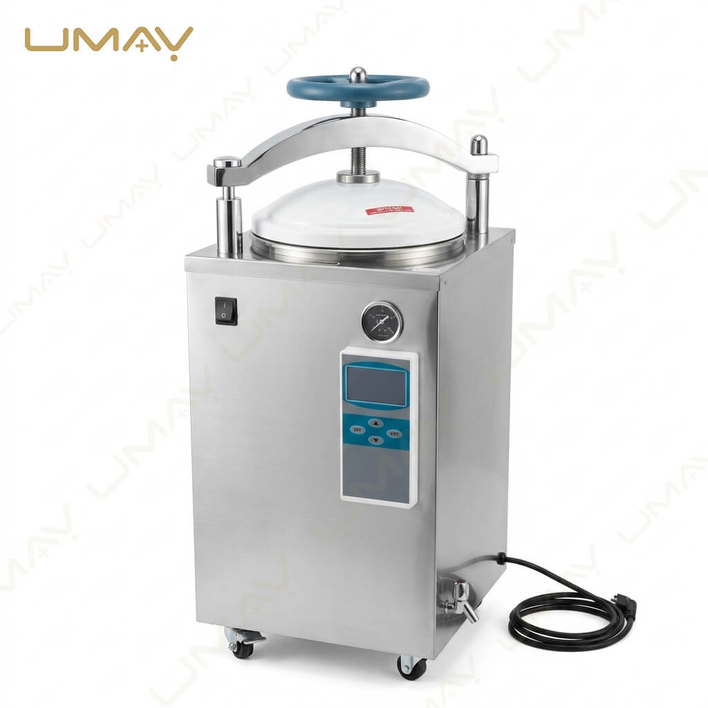 Vertical Pressure Steam Sterilizer | High-Capacity Stainless Steel Vertical Autoclave with Digital Microprocessor Controller, Hand-Wheel Quick Opening, Safety Interlock, & Drainage Tap for Medical Hospital & Laboratory Sterilization