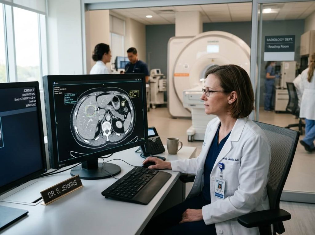 Female radiologist reviewing CT scan diagnostic images on desktop workstation in hospital radiology room.