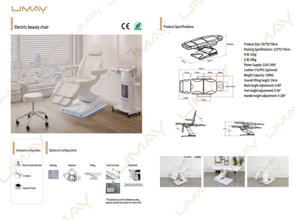 Electric Beauty Chair Specifications Sheet Product specification sheet showing dimensions, load capacity, and motor configuration for electric beauty chair.