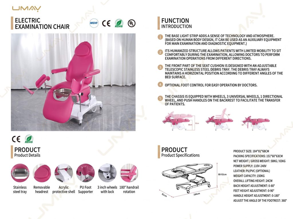 Electric Examination Chair Specification Sheet Banner Product specifications and functional feature infographic banner for electric examination chair.