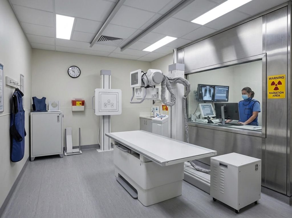 Hospital Digital Radiography DR System Full hospital digital radiography DR X-ray machine setup with patient bed and technician control booth.