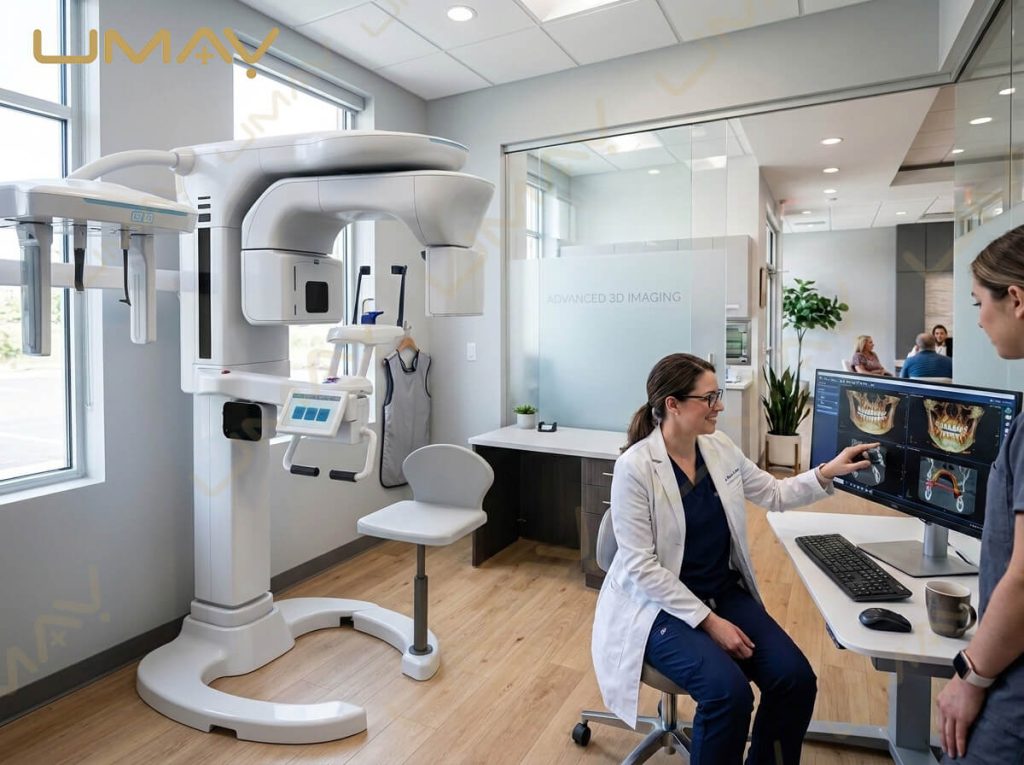 Modern dental clinic room featuring a 3D CBCT panoramic X-ray machine and a dentist pointing at 3D scans on a monitor.
