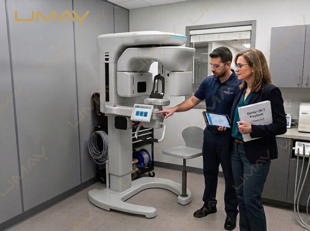 Medical equipment specialist demonstrating 3D dental CBCT touchscreen controls to a dentist.