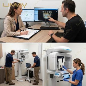 Technicians installing 3D dental CBCT scanner and dentist reviewing skull scan during consultation.
