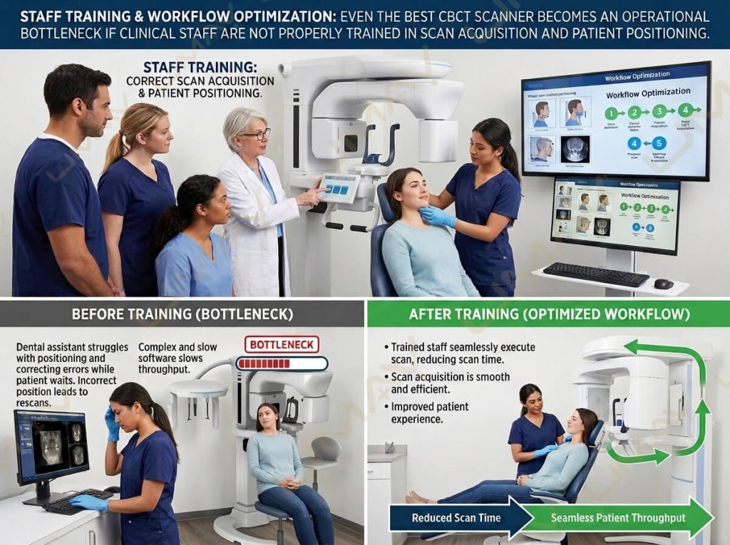 Dental CBCT staff training guide and workflow optimization diagram for patient positioning.