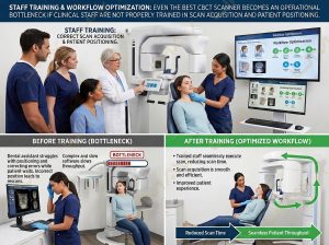 Dental CBCT staff training guide and workflow optimization diagram for patient positioning.