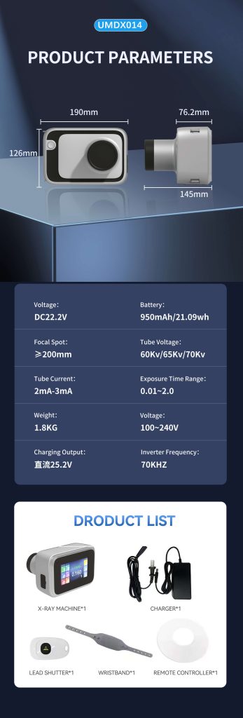 Handheld Dental X-Ray Machine Parameters and Parts Dimension diagram, technical parameters, and standard accessories list for handheld dental X-ray device.