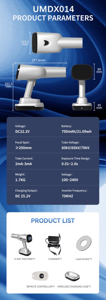 Wireless Charging Portable Dental X-Ray Specifications and Package Technical parameters sheet and complete product package list for portable dental X-ray machine.