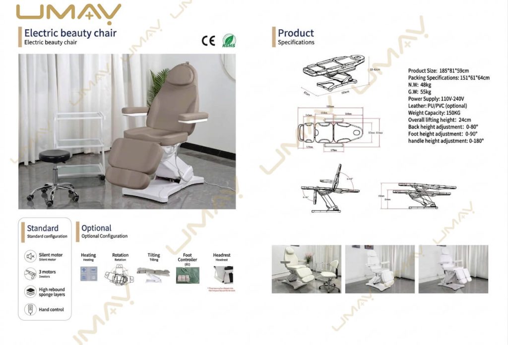 Electric Beauty Chair Product Specification Sheet Technical specification poster showing electric beauty chair dimensions, motor features, and options.
