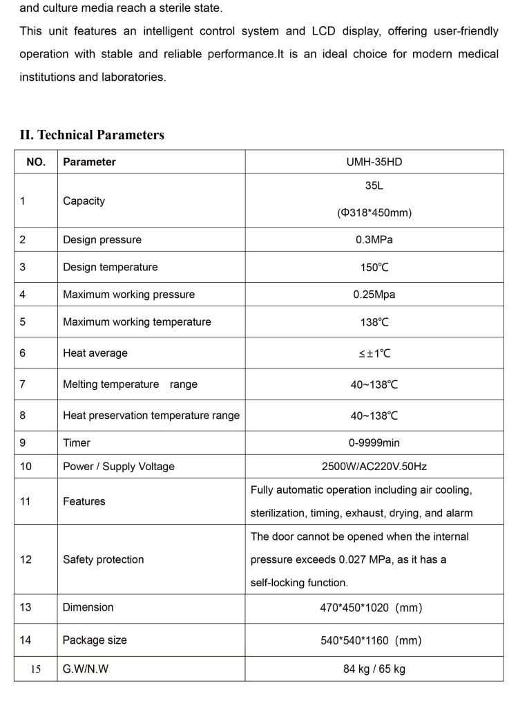 Technical specification table for 35L automatic vertical pressure steam sterilizer including capacity, temperature, and power parameters.