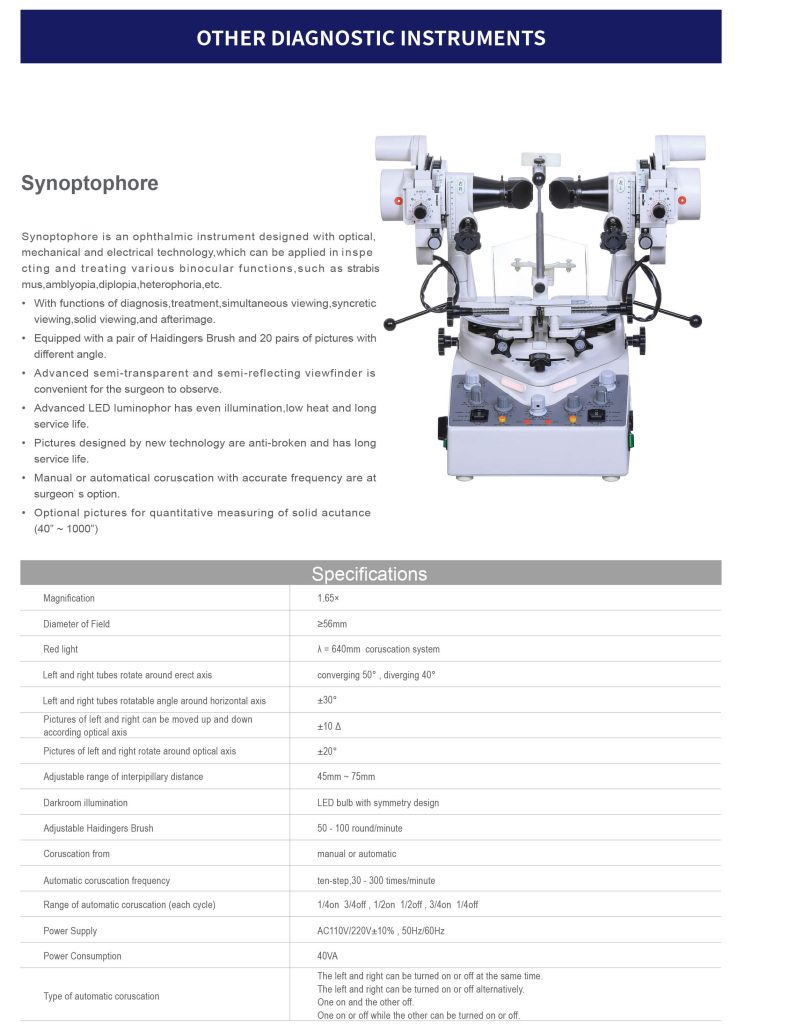Synoptophore technical specifications chart and features overview for eye clinics.