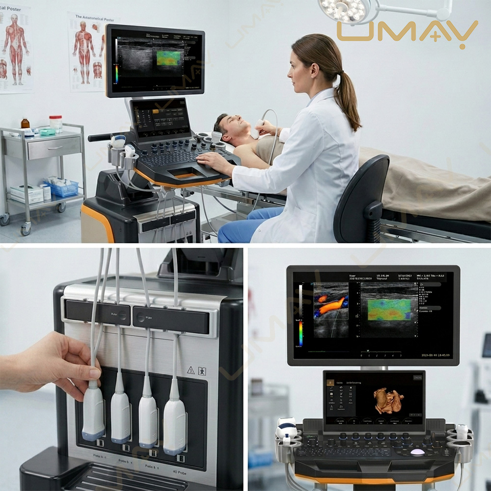 Multi-panel view featuring a neck thyroid ultrasound scan, a hand choosing a transducer probe from the cart, and a close-up of the dual-screen console interface.