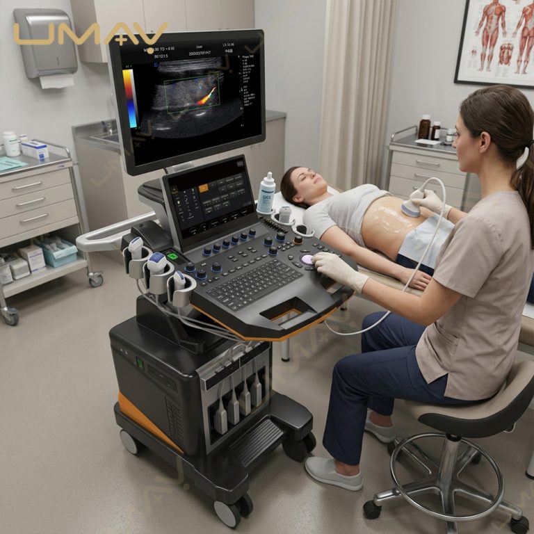 A female sonographer performing an abdominal color Doppler ultrasound scan on a patient using a premium mobile trolley system.