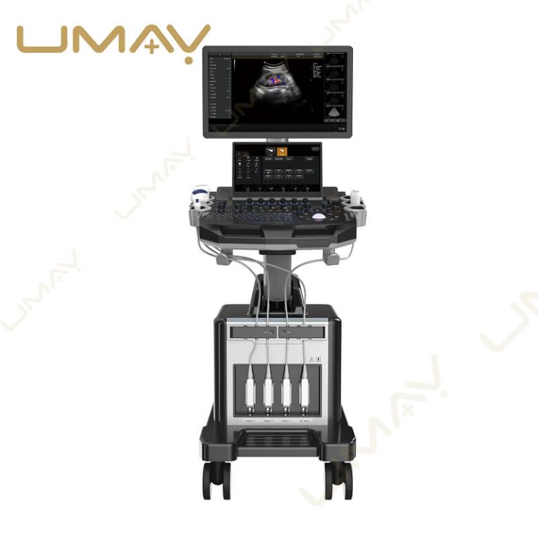 Front view of a premium diagnostic trolley ultrasound machine featuring a main color Doppler monitor, an integrated touch control screen, and a four-probe port base.