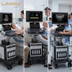A three-panel split image demonstrating a mobile trolley ultrasound workstation used across obstetric, cardiac, and general radiology departments.
