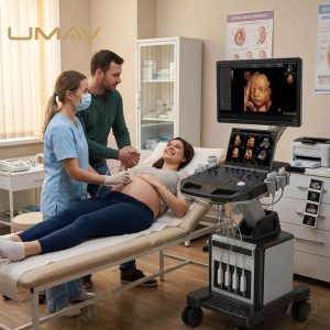 A doctor scanning a pregnant patient's abdomen with a premium dual-screen trolley ultrasound machine showing a clear 3D fetal face.