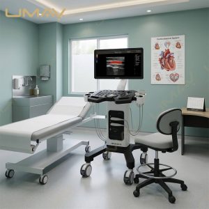 A complete digital trolley ultrasound workstation positioned next to a patient examination bed and an adjustable rolling stool in a clean clinic room.