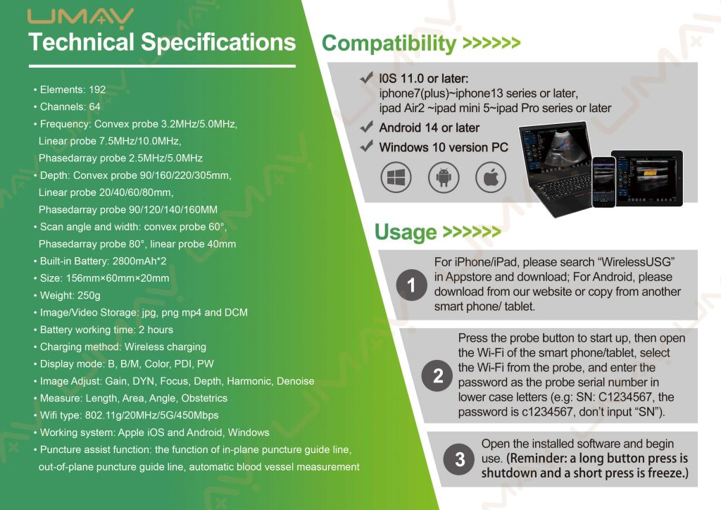 echnical specification poster for 3-in-1 wireless ultrasound probe compatible with iOS, Android, and Windows.