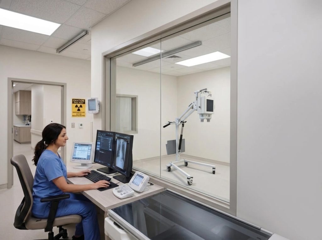 Portable X-Ray Machine Control Console Technician operating diagnostic workstation control console with mobile X-ray machine in glass examination room.