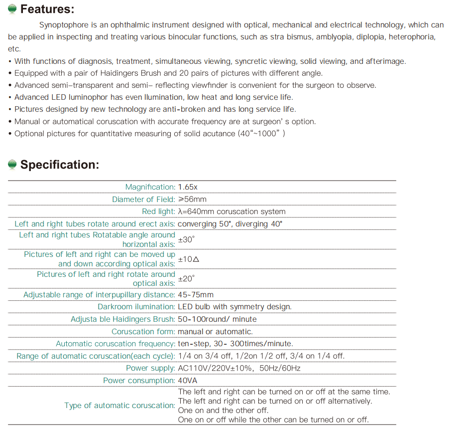 Specification table listing optical and mechanical features of synoptophore instrument.