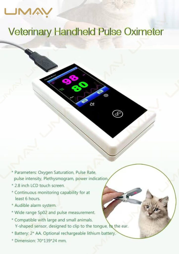 Veterinary handheld pulse oximeter with 2.8-inch LCD touch screen and Y-shaped animal sensor clip.