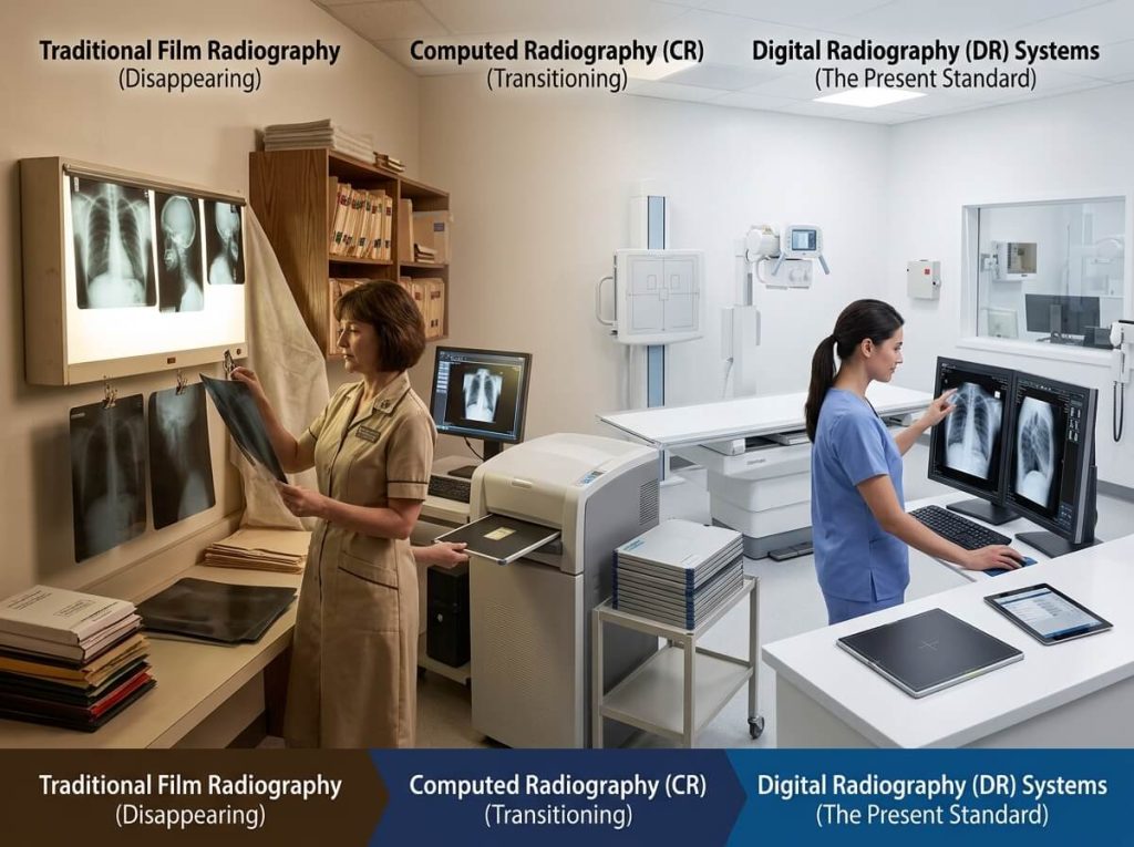 Radiography Technology Evolution Film vs CR vs DR Infographic chart comparing traditional film radiography, computed radiography CR, and modern digital radiography DR systems.