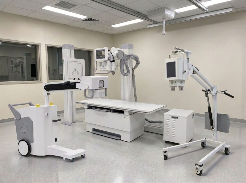 Commercial Digital X-Ray Room Equipment Setup Complete digital radiography X-ray room setup with a patient table and mobile imaging components.