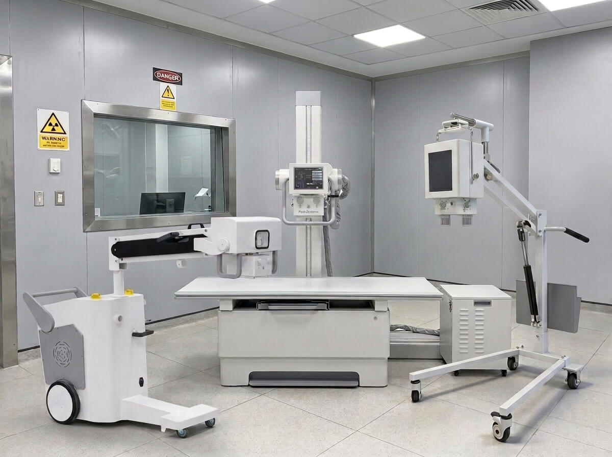 Digital DR X-ray system suite next to a radiation-shielded control room observation window.