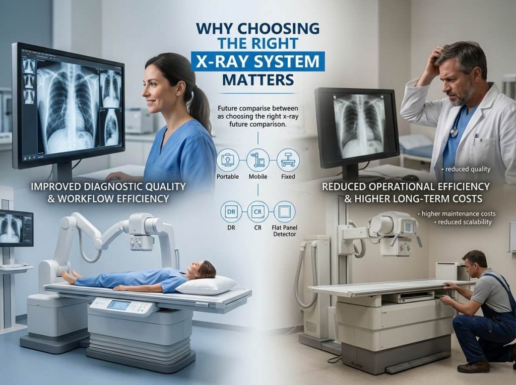 Digital X-Ray System Choice Infographic Banner Marketing infographic comparing modern high-efficiency digital X-ray systems with inefficient older equipment.