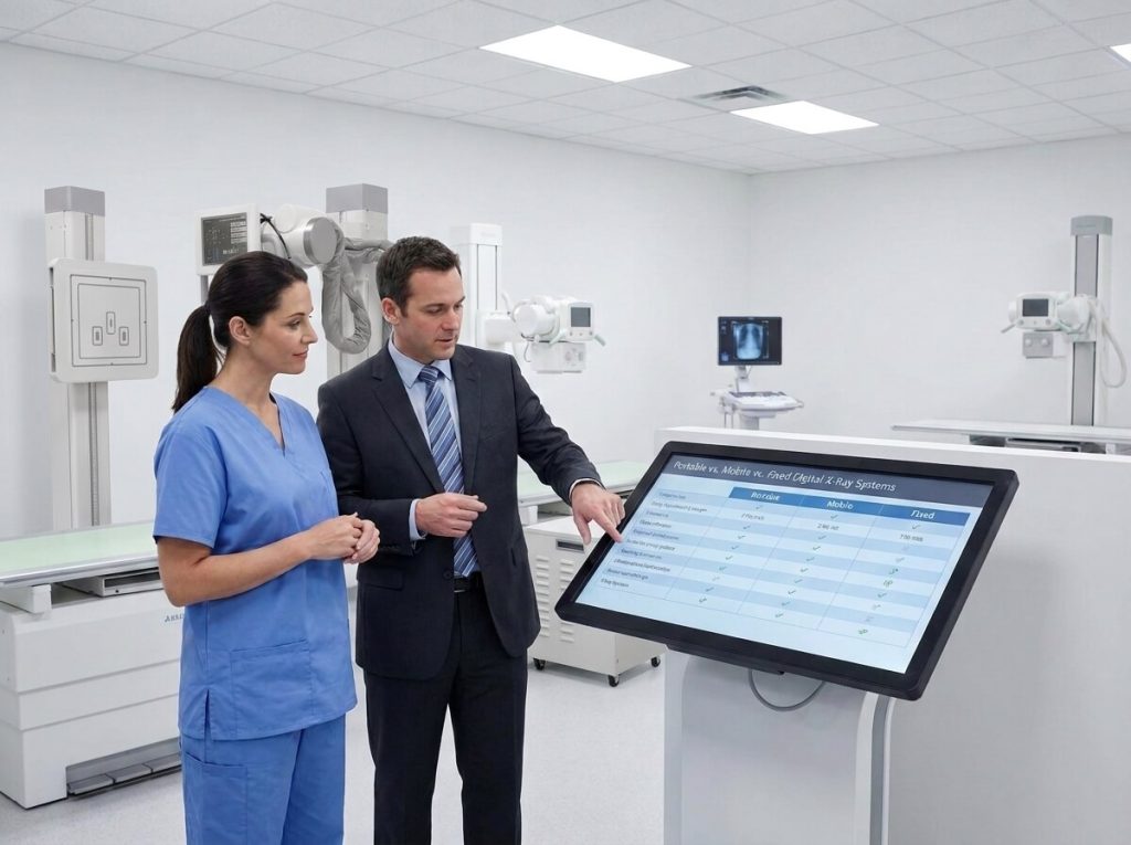Medical executive and nurse reviewing a feature comparison chart of portable, mobile, and fixed digital X-ray systems on a touchscreen