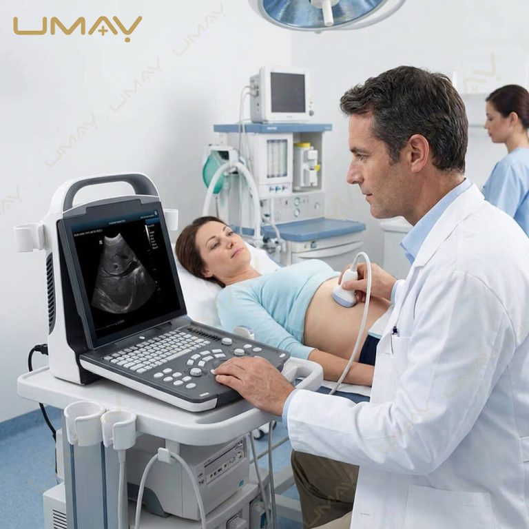 Physician performing an abdominal ultrasound scan on a patient using a cart-mounted portable machine.
