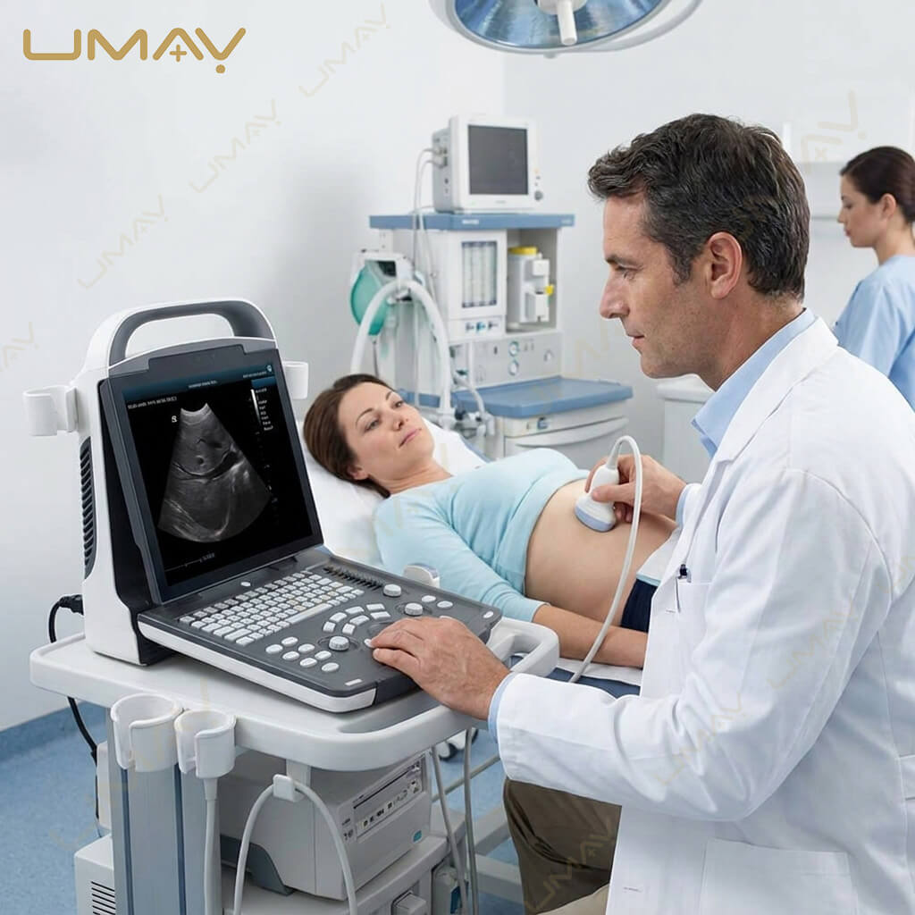 Physician performing an abdominal ultrasound scan on a patient using a cart-mounted portable machine.