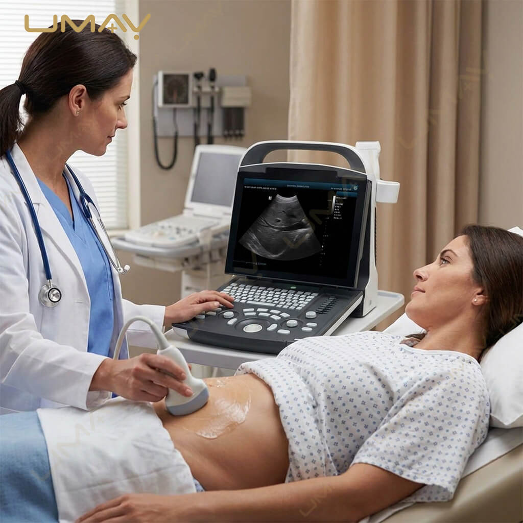 Female doctor using a portable diagnostic ultrasound system to scan a patient's abdomen.
