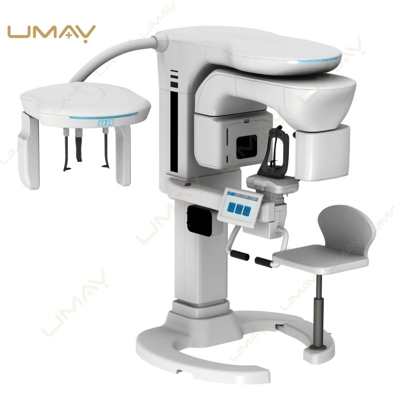 3-in-1 dental CBCT and cephalometric system equipped with a matching adjustable patient support stool.