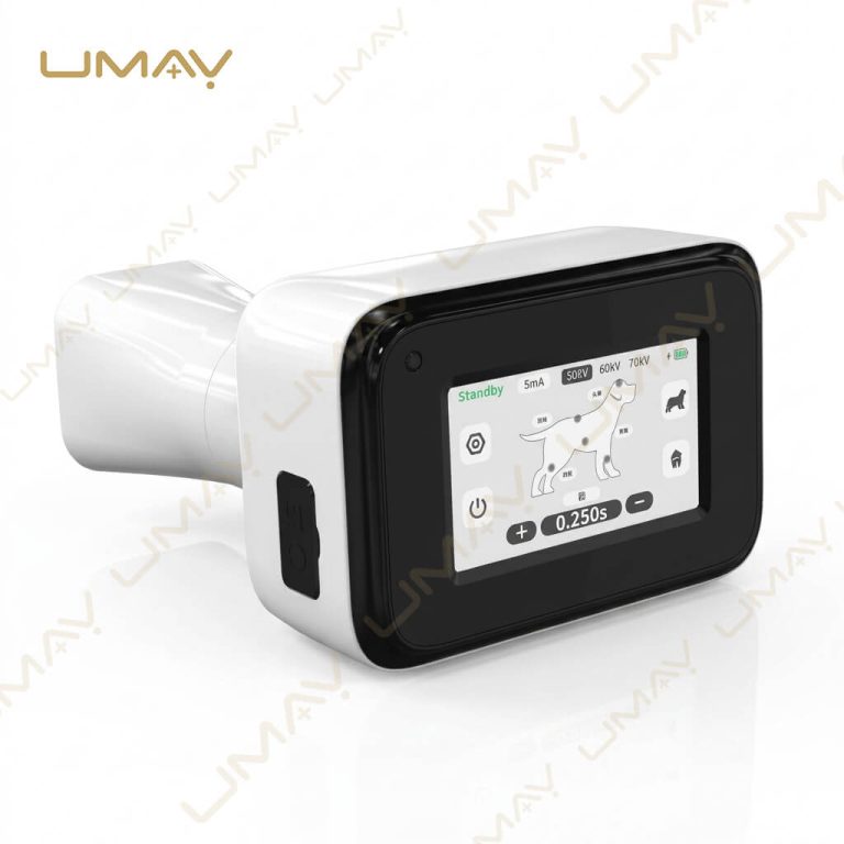 Touchscreen display of a handheld vet X-ray machine showing anatomical preset icons and exposure settings.