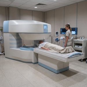 Radiographer Preparing Patient for Open MRI Scan