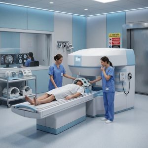 Technicians Positioning Head RF Coil on Open MRI Patient