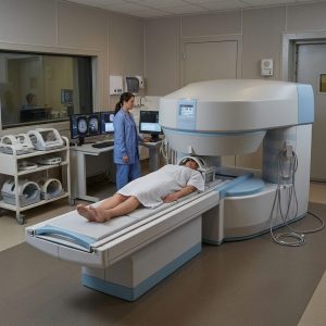 Patient Prepared for Head Scan on Open MRI Machine