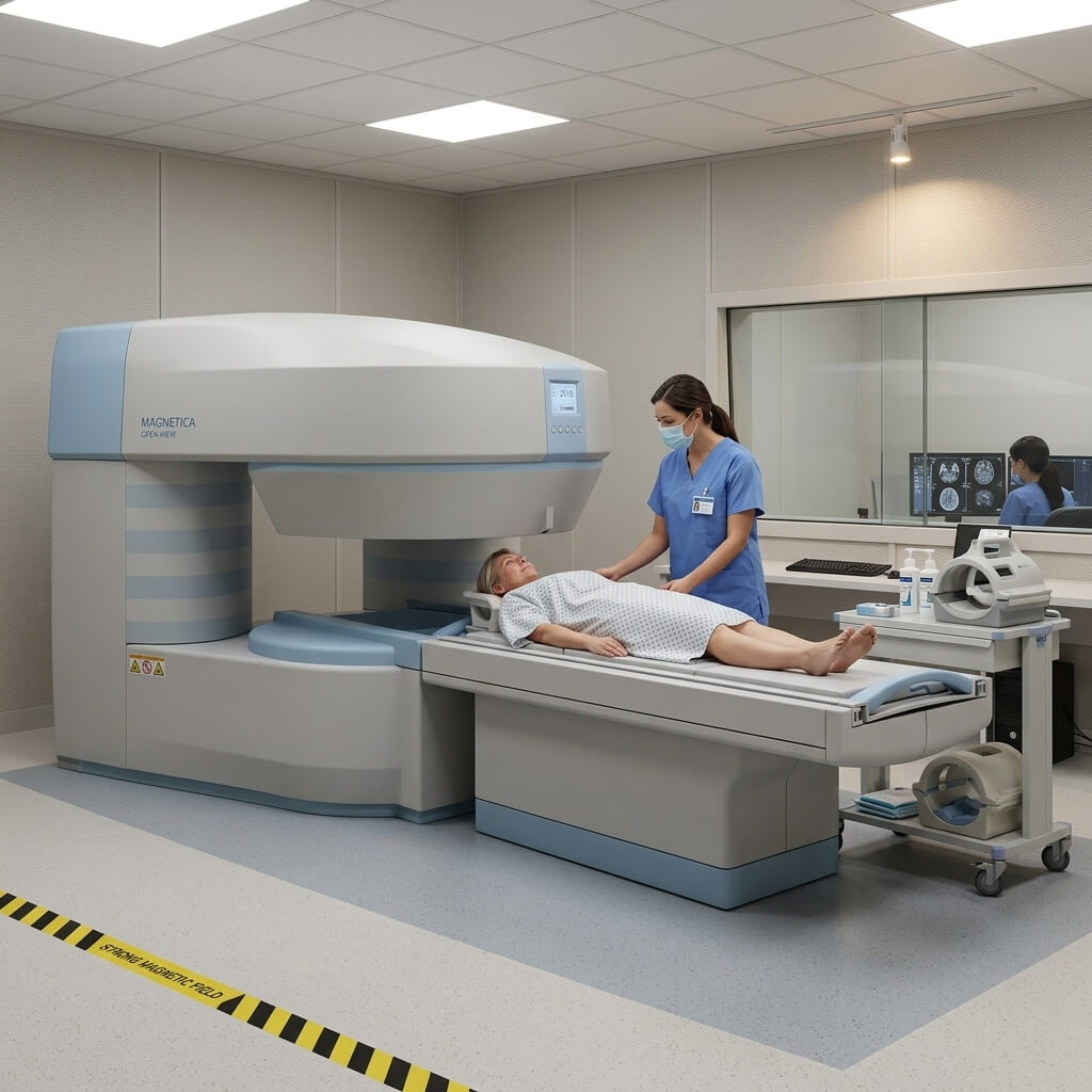 Radiographer positioning a patient on an open-architecture MRI bed near a designated strong magnetic field safety line.