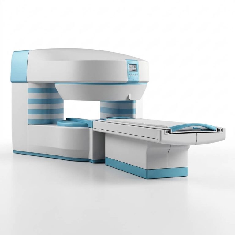 Open MRI scanner with white background showing C-arm magnet structure, blue accents, and motorized patient table.