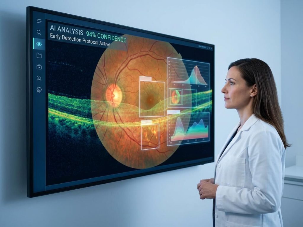 Eye doctor viewing AI powered retinal image analysis on large display.