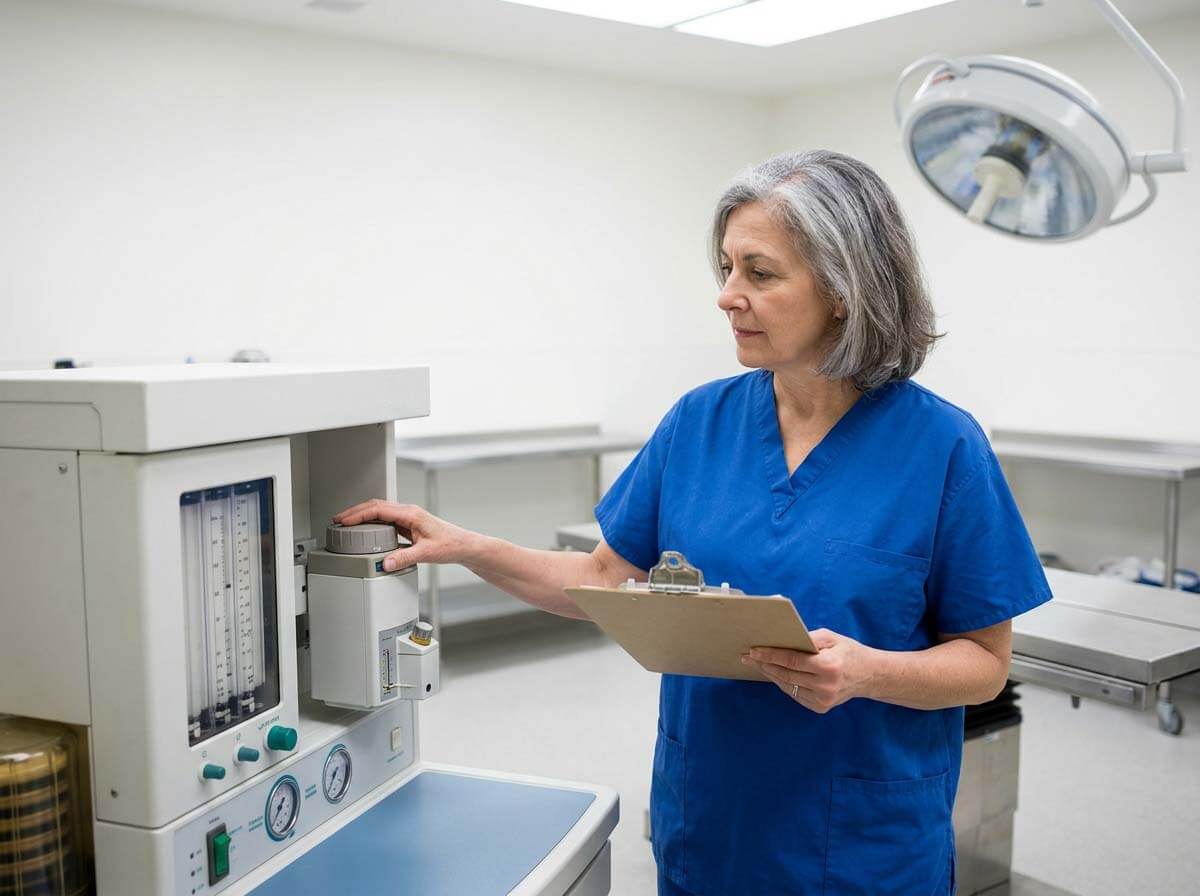 Female anesthesiologist inspecting flowmeter controls on a hospital anesthesia machine with a clipboard.
