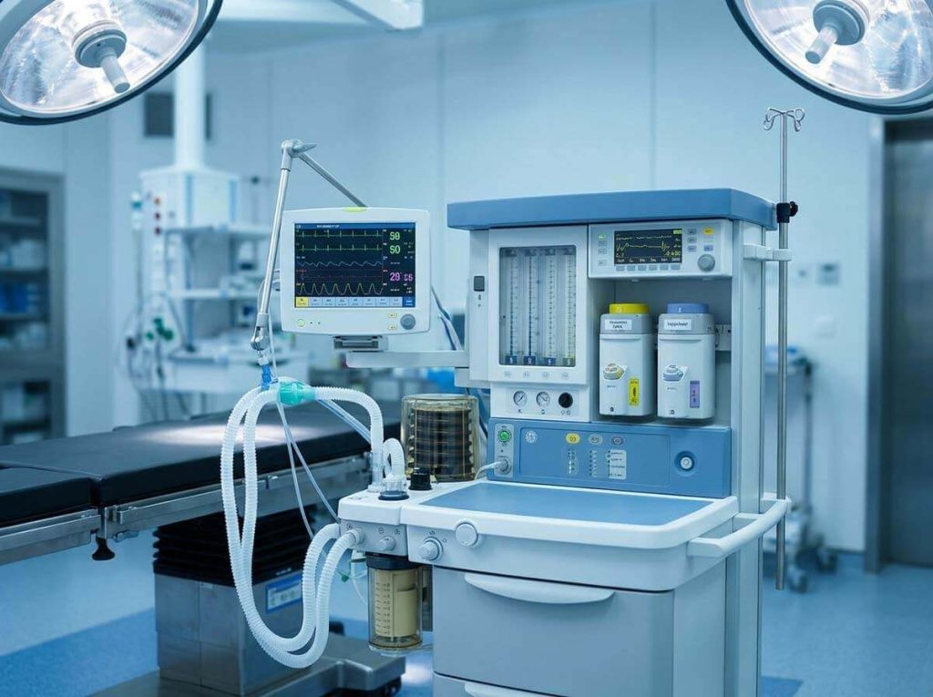 Modern hospital anesthesia workstation equipped with dual vaporizers, breathing circuit, and vital signs monitor.