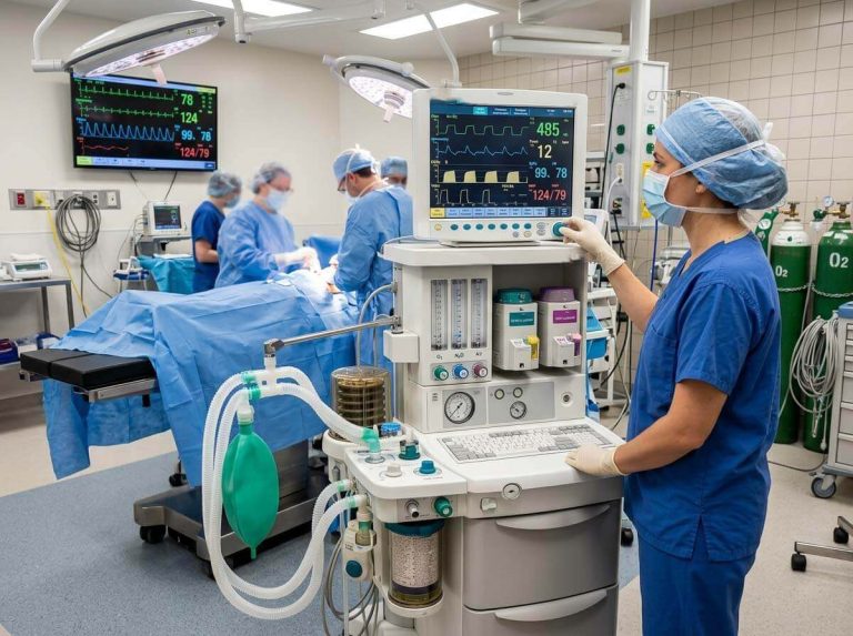 Anesthesiologist adjusting anesthesia delivery controls during active patient surgery in an operating theater.