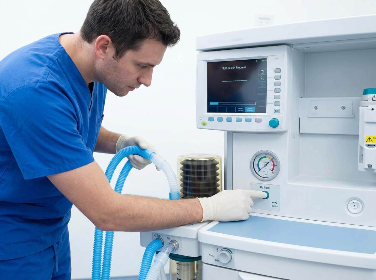 Biomedical technician performing self-test maintenance on a digital anesthesia system screen.