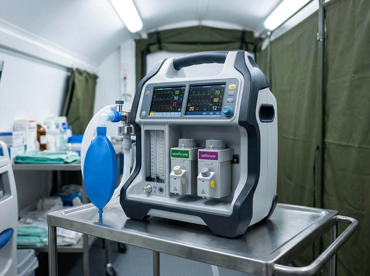 Portable compact anesthesia machine with dual vaporizers set up on a stainless steel medical cart.