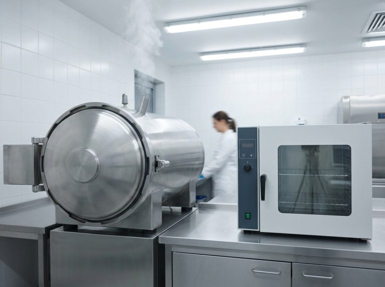 Steam autoclave machine next to dry heat sterilizing oven on laboratory counter.