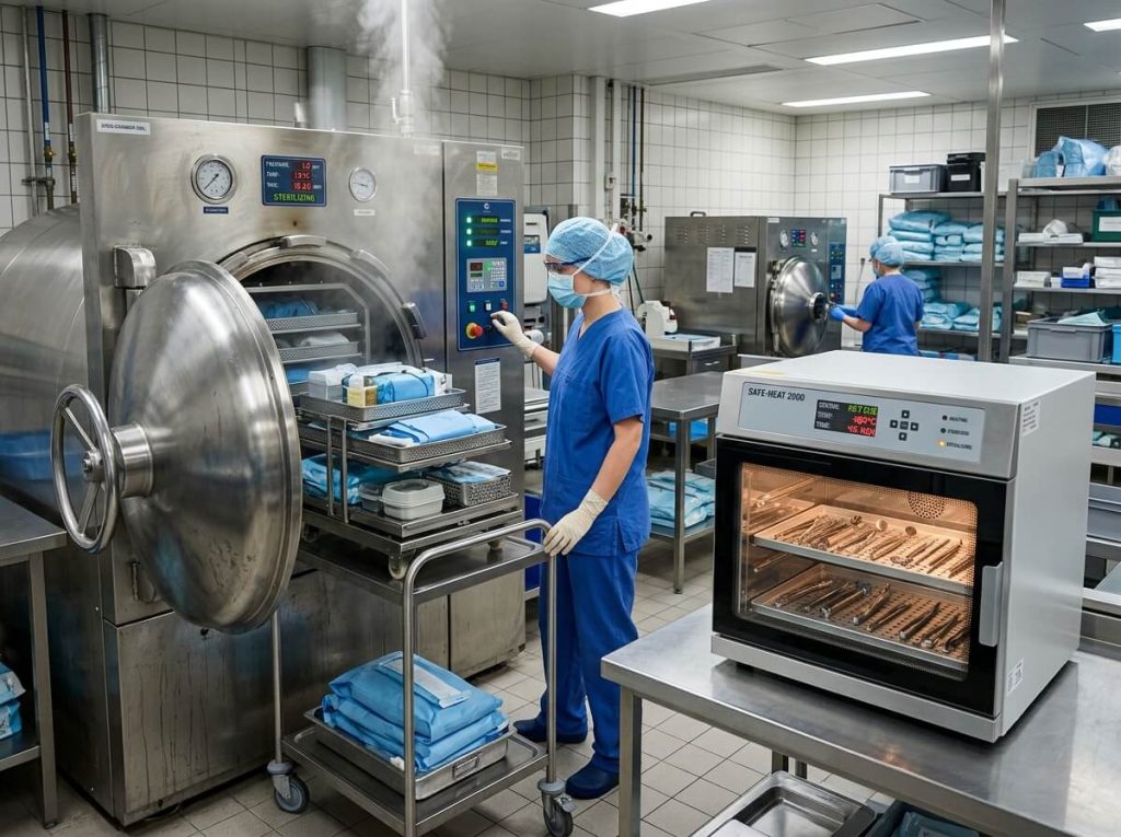 Medical sterilization department staff operating large steam autoclave and benchtop sterilizer.