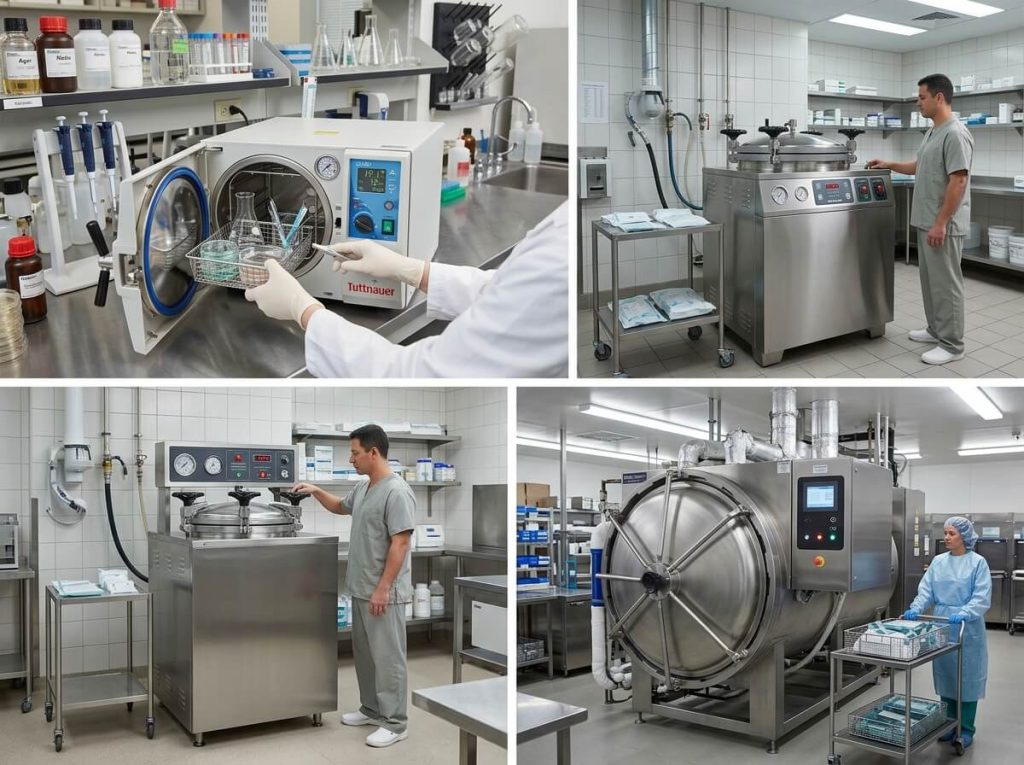 Four types of laboratory and hospital autoclave sterilizer machines in operation.