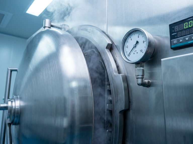 Industrial steam autoclave sterilizer door open emitting steam with pressure gauge.